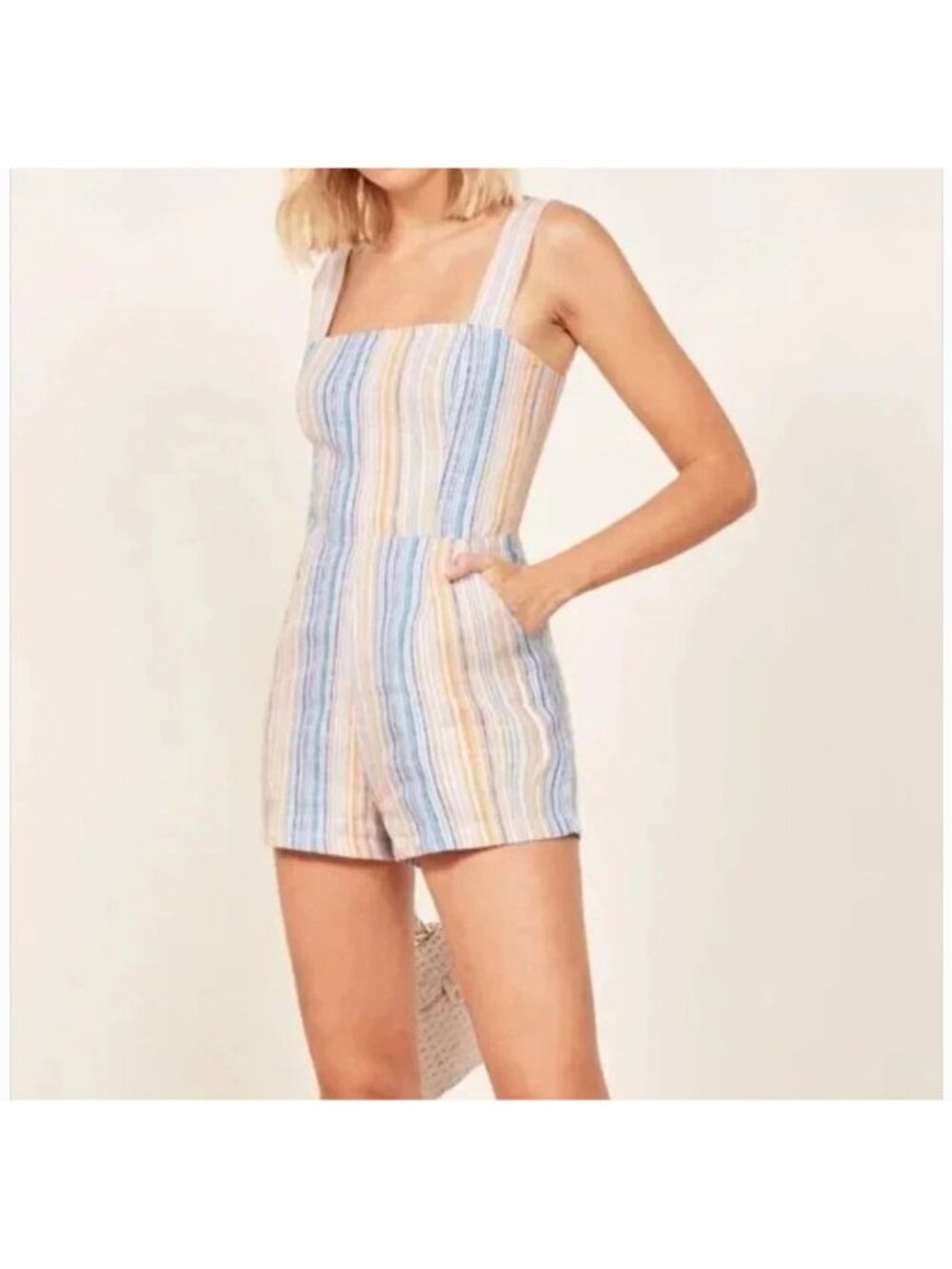 Reformation Island Striped Linen Romper Square Neck Smock Back Marbella Striped - Picture 1 of 12